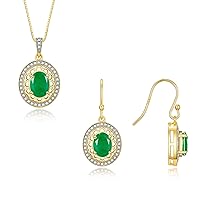 Rylos Women's Yellow Gold Plated Silver Princess Diana Inspired Ring & Pendant Necklace Set. Gemstone & Diamonds, 8X6MM Birthstone. Perfectly Matching Friendship Jewelry, Sizes 5-10.