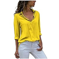 YZHM Plus Size Women Button Up Blouses Long Sleeve Chiffon Shirts Solid Collared Business Casual Tops Blusa de Moda Mujer