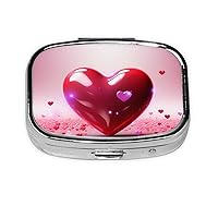Love Heart Shape Print Pill Box Square Metal Pill Case with 2 Compartment Portable Travel Pillbox Cute Mini Medicine Organizer for Pocket Purse