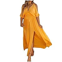 Short 1/2 Bell Sleeve Cold Shoulder Dresses Dresses for Women Beach Maxi Long Fall Summer Dresses