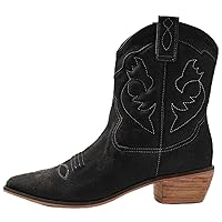MOOMMO Women Western Mid Calf Cowboy Boots Embroidered Chunky Stacked Mid Heel Suede Ankle Booties Wide Calf Pointed Toe Pull On Vintage Cowgirl Fall Boot Short Winter Fashion Dressy Comfort 4-11 M US