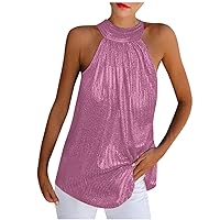 Womens Sexy Sparkly Sleeveless Draped Halter Tunic Shirts Summer Casual Loose Dressy Trendy Solid Color Tank Tops