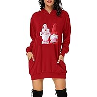 Women's Slim Valentine's Hooded Sweatershirts Long Sleeve Oversized Couple Gnome Print Midi Pullover Dress with Pocket