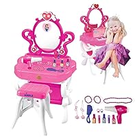2-in-1 Musical Piano Vanity Set Girls Toy Makeup Accessories Working Piano, Flashing Lights, Big Mirror, Pretend Cosmetics, Hair Dryer, Princess Image Appears in Mirror(7 AA Batteries Included)
