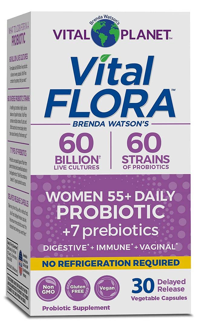 Vital Planet - Vital Flora Women 55+ Daily Shelf Stable Probiotic 60 Billion Cultures and 60 Strains, Immune and Digestive Support Probiotics for Women with Organic Prebiotics, 30 Capsule