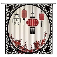 Asian Chinese Style Shower Curtain Abstract Oriental Lanterns Window Red Plum Blossoms Flower Nature Cherry Blossom Floral Happy New Year Bathroom Curtain with Hooks 70x70 Inches