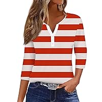 Women's Tops Dressy Casual 3/4 Sleeve, T Shirt Tee Button V-Neck Top Striped Tshirt Women Shirts for Trendy, S XXXL