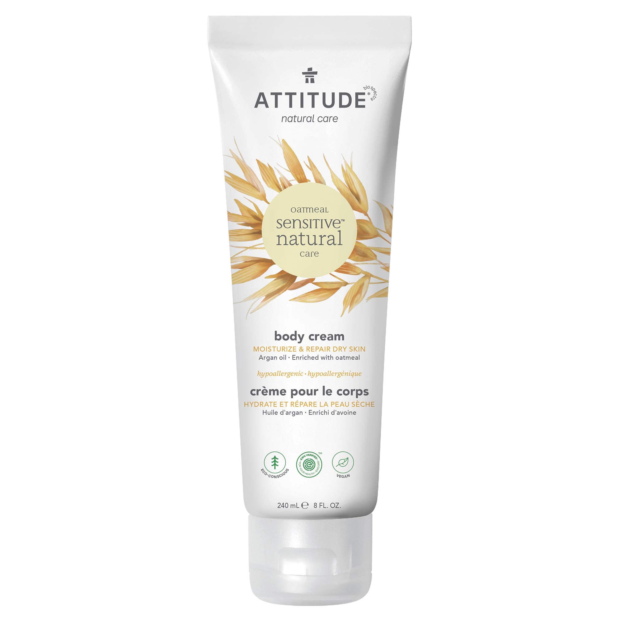 ATTITUDE Moisturizing Body Cream for Sensitive Skin Enriched with Oat and Argan Oil, EWG Verified, Hypoallergenic, Vegan and Cruelty-free, 8 Fl Oz