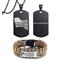 2 Pack Funny Let's Go Brandon Bracelet Necklace, Brandon Lets Go Chunky Survival Paracord Wristband Stainless Steel America Flag Military Pendant, Political Brandon Jewelry Gift for Friends Family