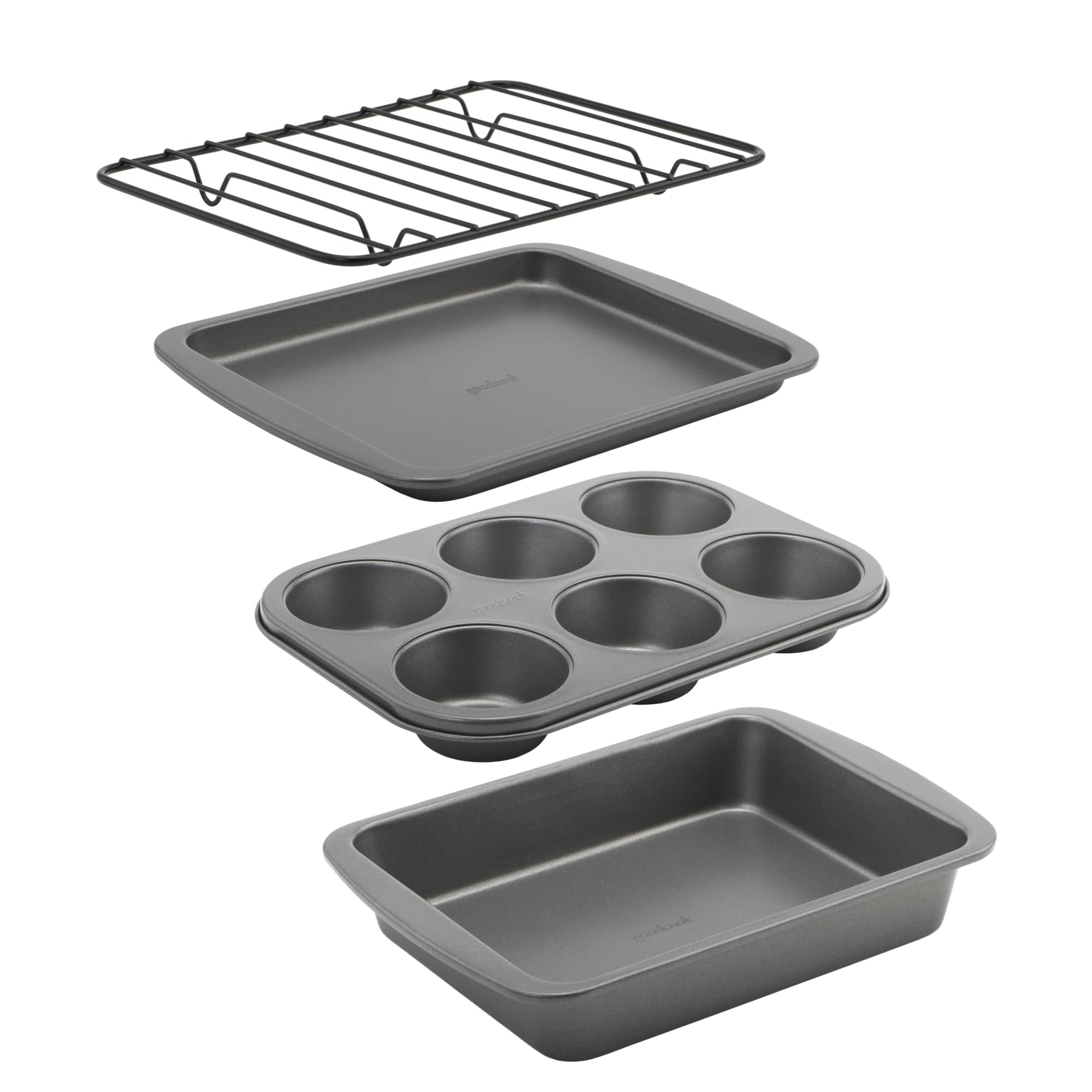 GoodCook 4-Piece Nonstick Steel Toaster Oven Set with Sheet Pan, Rack, Cake Pan, and Muffin Pan, Gray (4220)