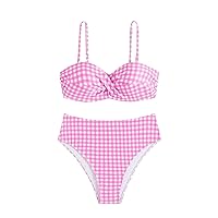 SweatyRocks Women's 2 Piece Bikini Set Plaid Print Spaghetti Strap Twisted Swimsuit High Cut Bathing Suit