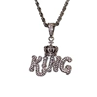 Men Women 925 Italy Finish Iced King Charm Ice Out Pendant Stainless Steel Real 2 mm Rope Chain Necklace, Mens Jewelry, Iced Pendant, Rope Necklace