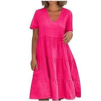 Deal of The Day Prime Today Women's Casual Summer Tunic Dress 2024 V Neck Loose Flowy Swing Dresses Short Sleeve A Line Tiered Cute Midi Beach Dress Robe De Soirée