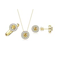 Halo Designer Matching Set 14K Yellow Gold : Ring, Earring & Pendant Necklace. Gemstone & Diamonds, 4MM Birthstone; Sizes 5-10.