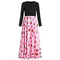 Girl's Maxi Dress Long Sleeve Plaid Strawberry Print Loose Casual Holiday Birthday Ruffle Dress with Pockets