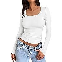 Women's Shirts Casual Summer Square Neck Slim Fit Sexy Long Sleeve T-Shirt Top, S XL