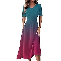 Maxi Dresses for Women 2024 Casual Fashion Floral Print V-Neck Short Sleeve Waist Long Swing Dress