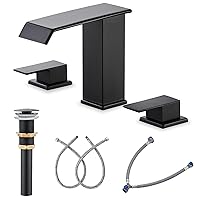 Waterfall Bathroom Faucet 3 Hole, Matte Black 8 Inch Widespread Bathroom Faucets & Parts, Modern 3 Piece Bathroom Sink Faucet, Touch On Lavatory Faucet for Bathroom Vanity Sink, Straight Spout