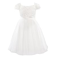 Ivory Lace Tulle Flower Girl Dress Kids Dress with Cap Sleeves