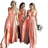 Women's V Neck Bridemaid Dresses Split Long Evening Formal Gown for Wedding Guest