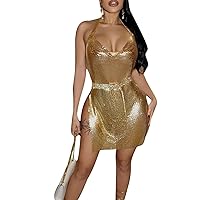 Sexy Women Sequin Glitter Halter Backless Mini Dress Slit Sparkle Halloween Party Clubwear