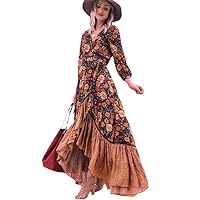 Autumn Floor Length Dress Women's Long Sleeve Printing Dress Vintage Irregular Maxi Dress Dress