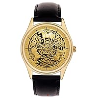 Golden Celtic Horses Gaelic Art Parchment DIAL Collectible 40 mm Wrist Watch in Solid Brass