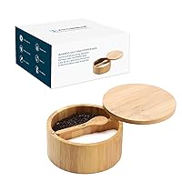 Bamboo Salt and Pepper Bowl Box Cellar Container Divided, Built-in Serving Spoon to Avoid Dust, Swivel Lid to Keep Dry, Sea Salt Spice Seasoning Keeper Holder, Dual 7 Ounce Capacity