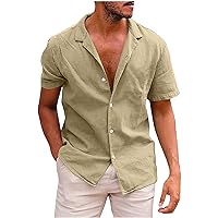 Men's Linen Shirts, Button Down Short Sleeve Beach Tshirt for Men Casual Hawaiian T-Shirt Muscle Fit Dress Shirt
