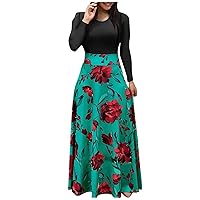 Women's Floral Printed Colorblocked Swing Long Sleeve Round Neck Maxi Dress,Summer Dresses for Women 2024