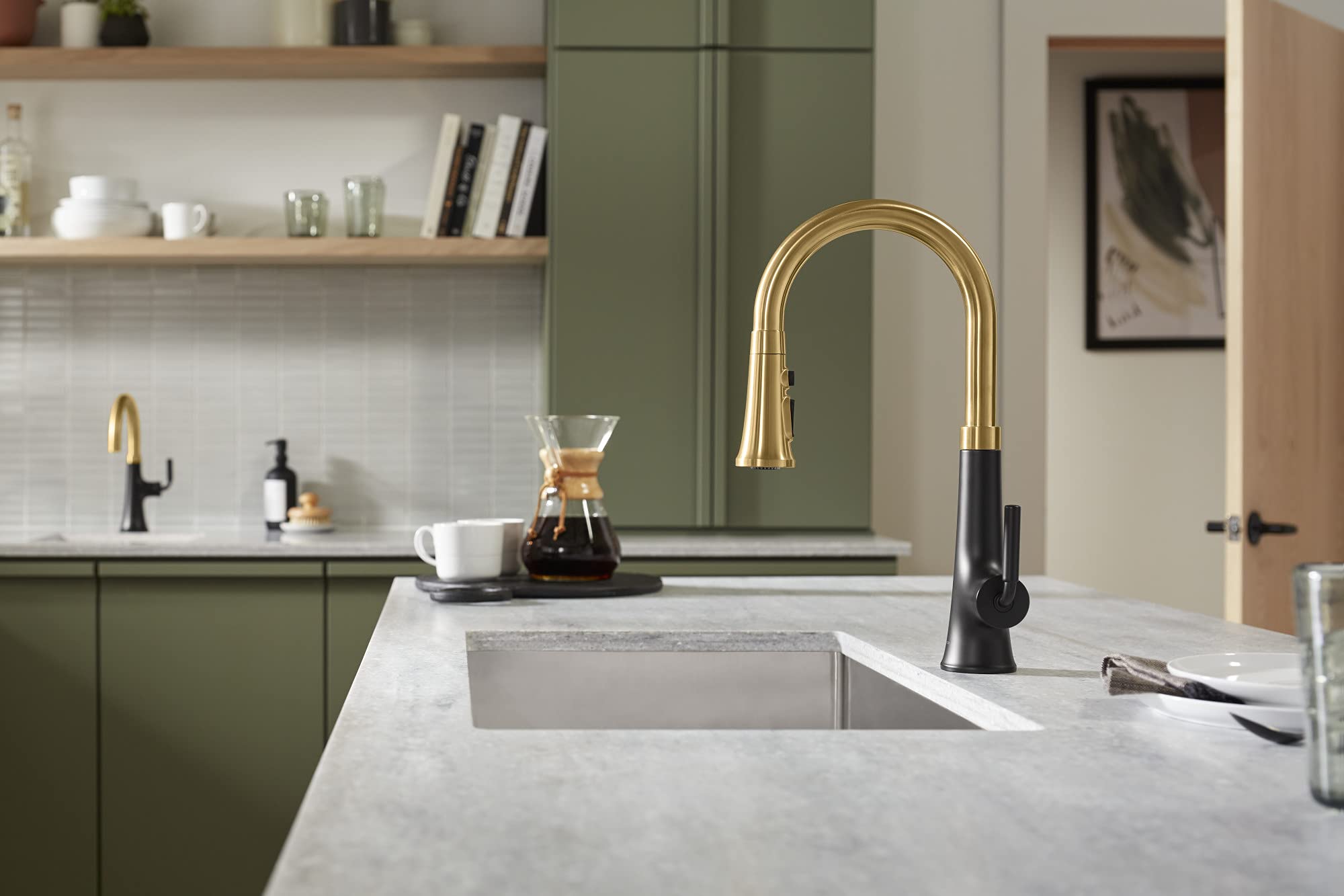 Kohler 23766-WB-BMB Tone Voice-Activated Sink, Touchless Kitchen Faucet with Pull Down Sprayer, Matte Black Moderne Brass