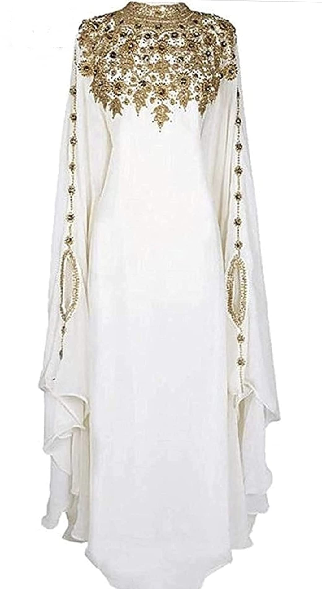 CREATI New Moroccan Dubai Kaftans Farasha Abaya Dress Very Fancy Long Gown Dress (Large), White