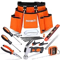 REXBETI 18pcs Young Builder's Tool Set with Real Hand Tools, Reinforced Kids Tool Belt, Waist 20