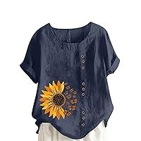 Summer Womens Cotton Linen T-Shirt Casual Sunflower Butterfly Button Up Tops Short Sleeve Tunic Comfy Soft Loose Blouse