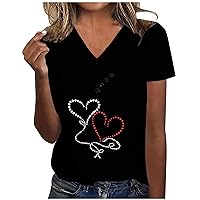 Lightning Deals Of Today Prime Basic Casual V Neck Tops Women Cute Graphic Tee Summer Short Sleeve Cozy Blouses 2024 Trendy Heart Printed Tunic Shirts Womens Fashion