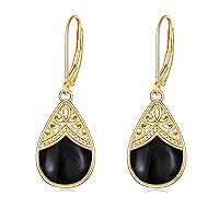 VONALA Black Onyx Earrings Sterling Silver Gold Plated Teardrop Boho Earrings Leverback Earrings Jewellery Gifts for Women and Girls