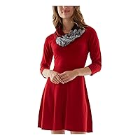 Womens Ribbed Multicolored Infinity Scarf 3/4 Sleeve Round Neck Short Sweater Dress