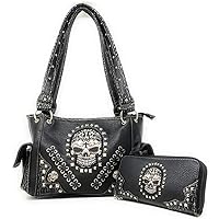 western rhinestone skull concho stitched handbag purse set (black)