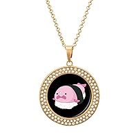 Cute Blobfish Sushi Printed Necklace Pendant Alloy Round Diamond Jewelry Gold Silver Gift for Men Women