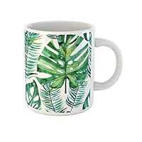 Coffee Mug Pattern Watercolor Green Tropical Leaves Monstera Leaf Palm Aloha 11 Oz Ceramic Tea Cup Mugs Best Gift Or Souvenir For Family Friends Coworkers