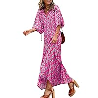 Womens Cotton Linen Boho Ethnic Floral Maxi Dress Summer Puff Sleeve V Neck Tiered Flowy Dresses 2XL