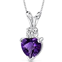 PEORA Amethyst with Diamond Heart Pendant for Women 14K White Gold, Genuine Gemstone Birthstone Heart Shape Solitaire, 6mm, 0.80 Carat total with Chain