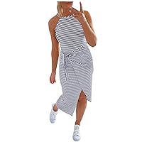 Summer Dresses for Women 2024 Casual Sleeveless Striped Vest Medium Long Neck Draped Tight Dress