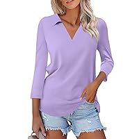 Womens 3/4 Sleeve Tshirts V Neck Fashion Polo Shirts Dressy Casual Collared Blouses Three Quarter Length Tunic Tops