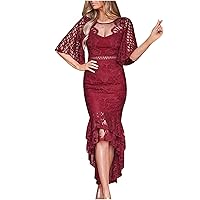 Women Bodycon Lace Floral Hi-Lo Hem Cocktail Dress Flaer Half Sleeve Sexy Hollow Wedding Evening Prom Party Gowns