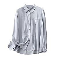 Womens Button Down Shirts Cotton Dress Shirts Pleated Long Sleeve Blouses Collared Solid Casual Tunics Tops