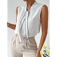 Women's Tops Sexy Tops for Women Women's Shirts Solid Tie Neck Sleeveless Blouse Shirts for Women (Color : White, Size : Large)