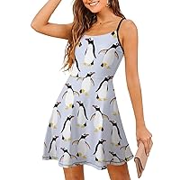 Cute Penguins Women Sling Dress Sleeveless Strap Swing Sundress Printed Mini Dress