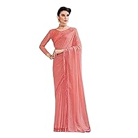 Peach Stylish Trendy Woman Silk Saree Blouse Wedding Party Indian Heavy Sari 7001