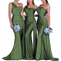 One Shoulder Satin Bridesmaid Dresses Mermaid Formal Prom Dress Long Ball Gown with Side Train 2023 R020